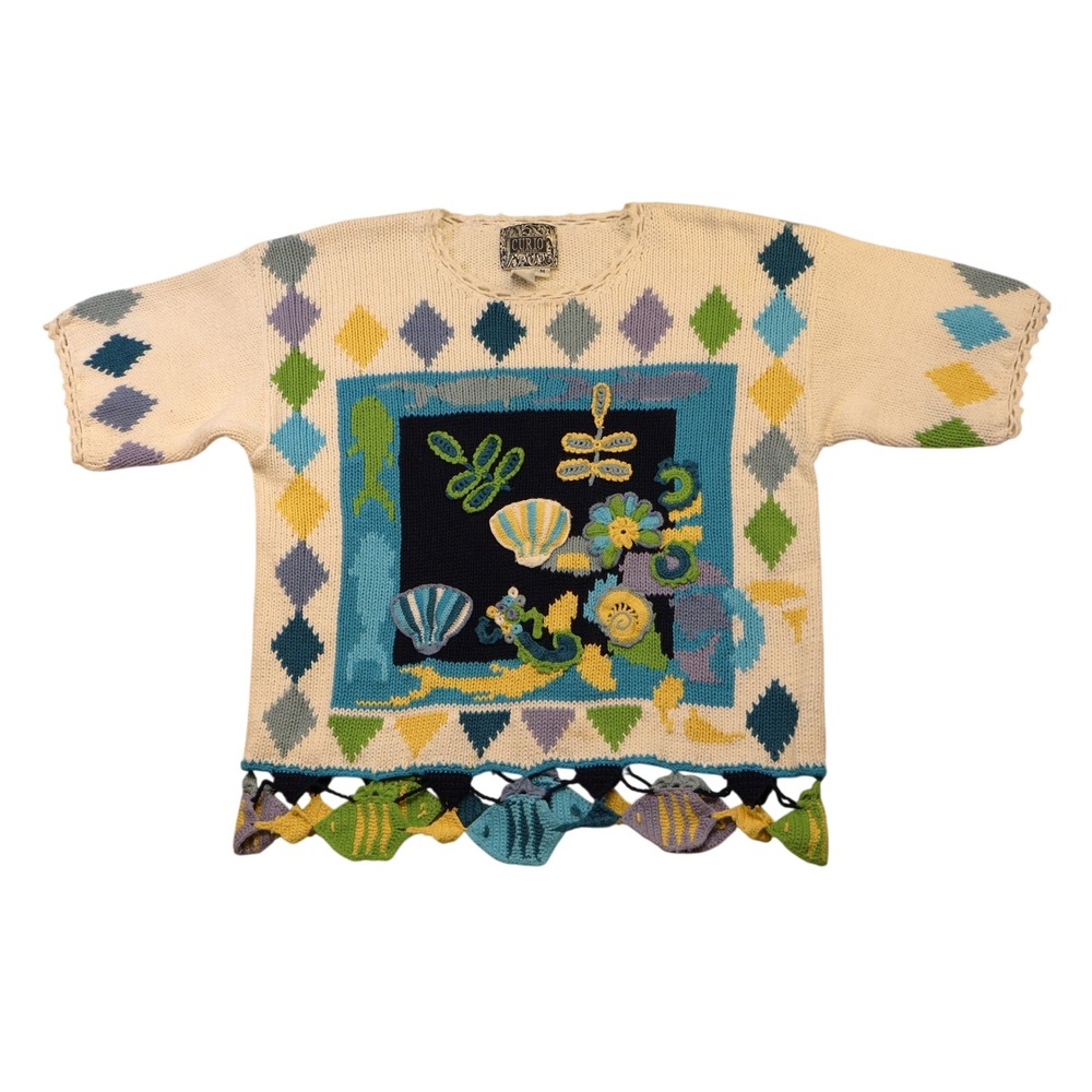 Curio Womens M Knit Sweater Cream Nautical 3D Crochet Fish Shells Beachy